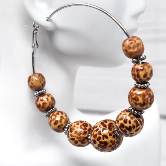 Oversized Wood Leopard Print Bead Hoop Earrings - Picture 5 of 11